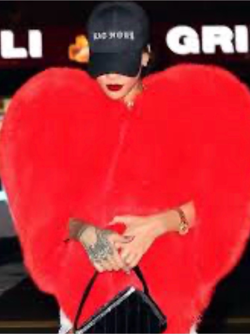 Rihanna Red Heart-Shaped Faux Fur Coat